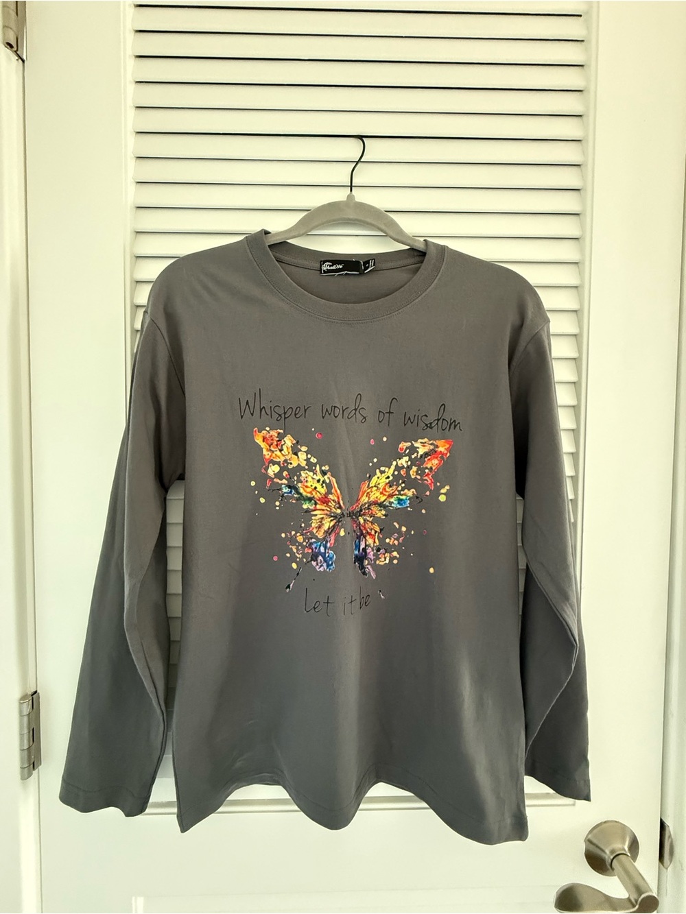 Gray Long Sleeve Tee with Colorful Butterfly Graphic